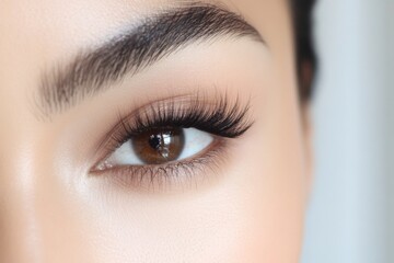 Obraz premium Lash Tech woman with beautiful lash extensions. White background beauty shot, medspa beauty editorial closeup eyes, gorgeous lashes instagram feed aesthetic esthetician full lashes volume