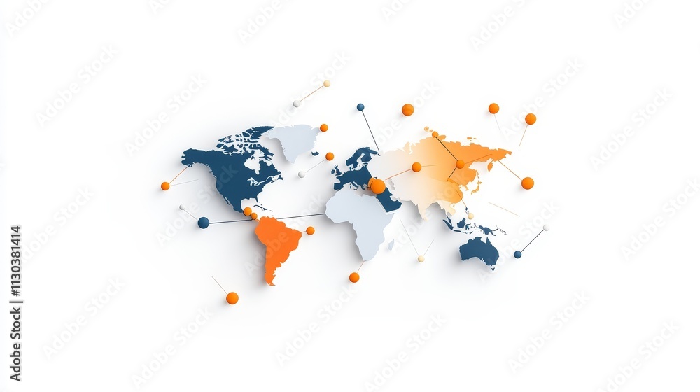 Poster modern world map illustration with colored regions and connecting dots depicting global networking a