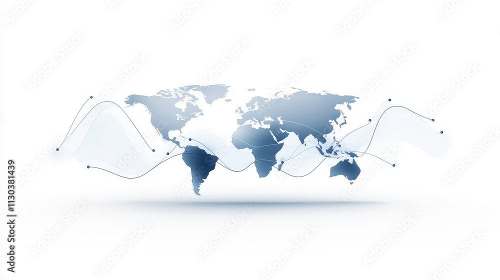 Poster abstract world map illustration featuring blue tones and flowing lines symbolizing global connectivi