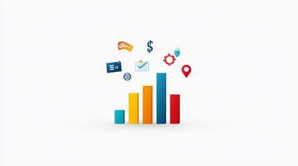 Colorful Data Visualization with Bar Graph and Iconic Symbols Representing Business Growth, Financial Success, and Modern Technology Trends for Infographics and Reports