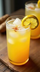 Fototapeta premium Refreshing turmeric lemonade served in a glass with ice cubes and lemon slice garnish