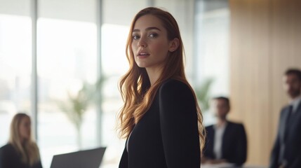 Fototapeta premium A young female CEO standing with a group of executives in a modern meeting room, leading a discussion