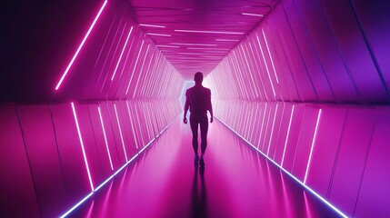 Futuristic Corridor with Neon Lights and Figure in Endless Space