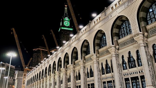 Sacred Mosque and Makkah Tower Buildings at Night