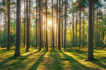 Obraz premium Majestic sunlight filtering through a dense pine forest at dawn nature photography tranquil landscape lush environment serene viewpoint pine ecosystem exploration