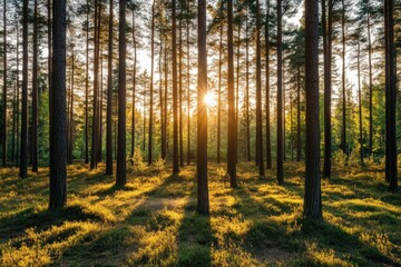 Fototapeta premium Sunlight streaming through tall pine trees in a lush forest capturing nature's beauty tranquil environment daytime scenic landscape photography