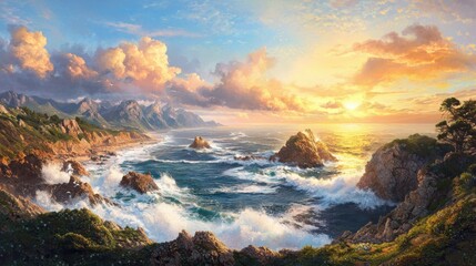 Obraz premium Stunning sunset over rugged coastal cliffs ocean view landscape photography natural environment panoramic perspective vibrant horizon colors
