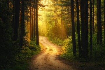 Obraz premium A scenic path through lush pine trees at dawn nature photography serene environment captured from a ground-level perspective for peaceful exploration