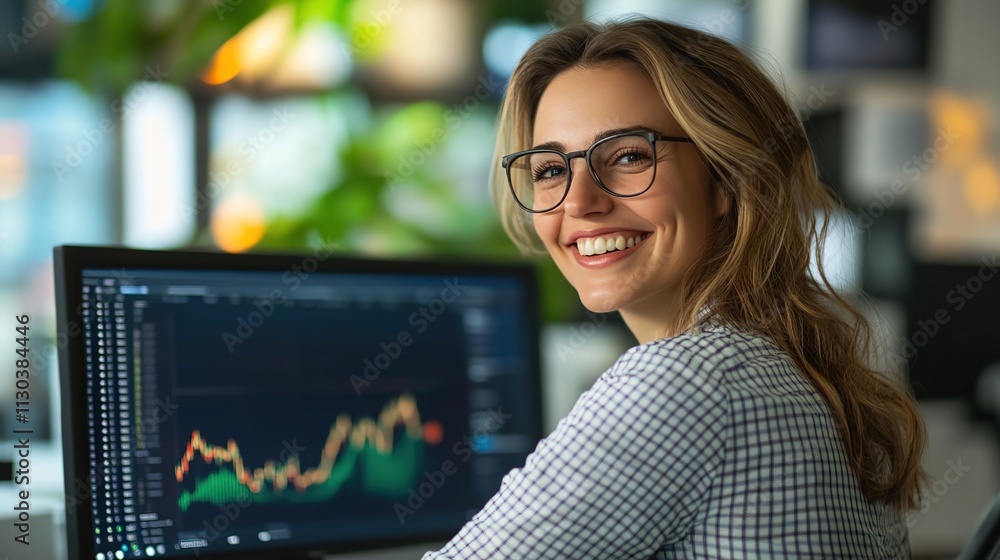 Poster smiling businesswoman working at computer displaying financial charts inside office