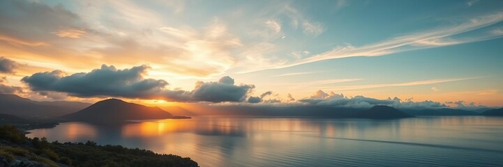 Softly glowing clouds over a tranquil mountain lake at sunset, nature, soft