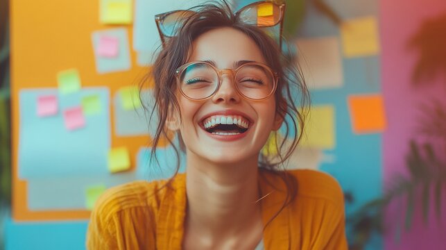 Young woman laughing, wearing glasses and a mustard colored sweater, surrounded by colorful sticky notes on a wall.