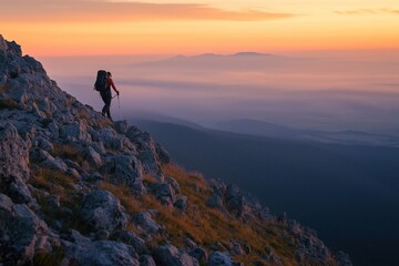 Obraz premium A lone hiker climbs a majestic mountain at dawn