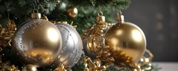 Glittering silver and gold bauble decorations for a Christmas tree, Christmas, sparkling