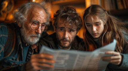 Obraz premium Senior man reading newspaper with his young daughter and granddaughter on background.