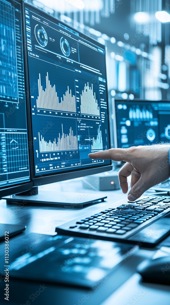 Poster a financial audit team analyzing records on dual monitors, with graphs and a detailed breakdown of e