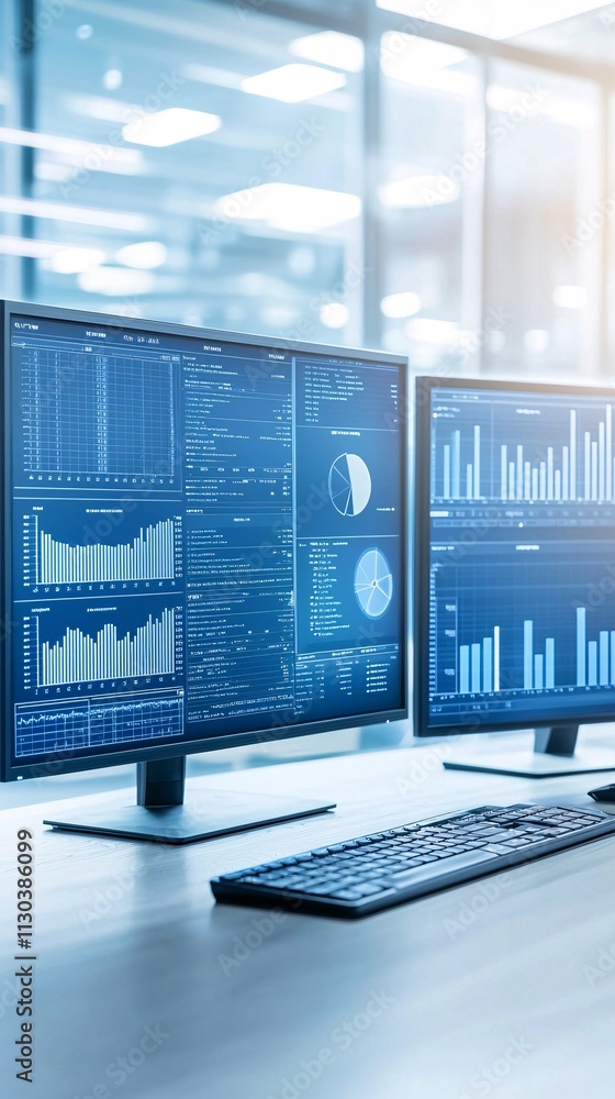 Poster a financial audit team analyzing records on dual monitors, with graphs and a detailed breakdown of e