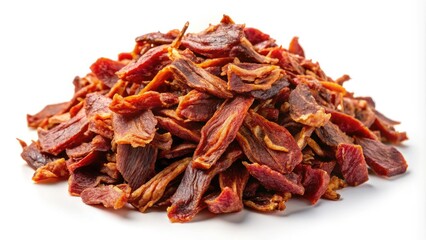 Obraz premium Smoked Dried Meat, Chopped, Isolated, White Background, Food Photography, High Resolution, Culinary Image, Stock Photo