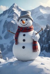 Obraz premium Snowman wearing hat and scarf on top of icy mountain, frosty atmosphere, hat, snowman