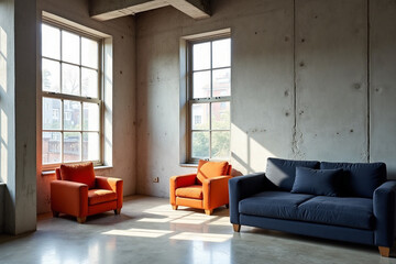A sleek and modern living room scene: a stark concrete wall provides a dramatic backdrop for a minimalist design. Two vibrant orange armchairs sit harmoniously alongside a dark blue sofa, their bold c