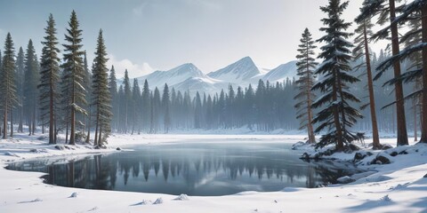 Snowy landscape drawing of pine trees with a frozen lake in the background , snowy, frozen lake
