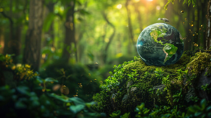 Green forest with sunlight streaming through trees, lush nature landscape and peaceful eco-friendly theme