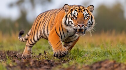 Obraz premium The hybrid animal has the sleek body of a tiger, striped in vivid orange and black, with the powerful jaws and scaly skin of an alligator