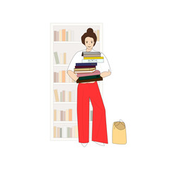 A young woman is holding a stack of books with a bookshelf in the background. World book day. Education, study and literature concept. Vector illustration