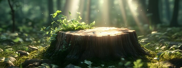 A cinematic still of an empty tree stump in the forest, with rays of sunlight shining through the green foliage around it