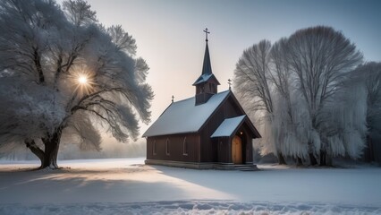Red Church Amid a Winter Wonderland in a Serene Snowy Landscape