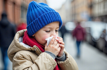 Child in warm clothes sneezing on a busy street during chilly weather