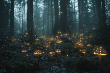 Obraz premium A mystical forest with glowing mushrooms and magical fireflies.