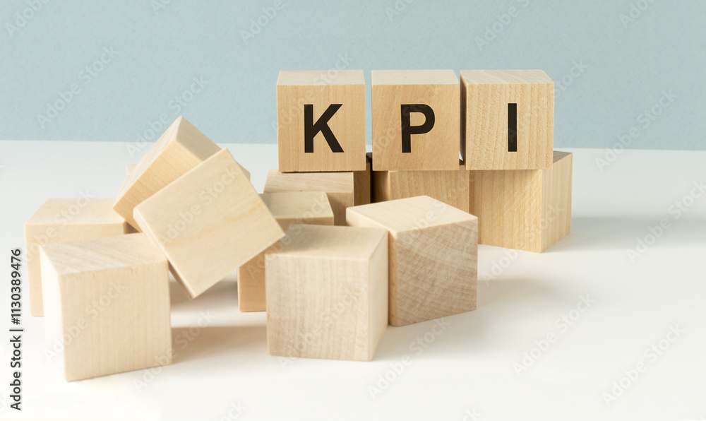Poster acronym kpi - key performance indicator. wooden small cubes with letters isolated on white backgroun
