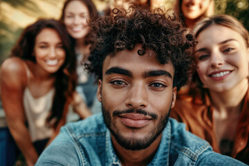 Fototapeta premium diverse group of young people in a park, older and young, adults, youth, friends, friendship, family, ethnicities, diversity, ethnic, faces, joyful, happy, high resolution, romance, dating, selfie