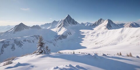 Obraz premium Mountain range covered in a blanket of fresh snow, mountains, tranquil, serene, fresh, nature
