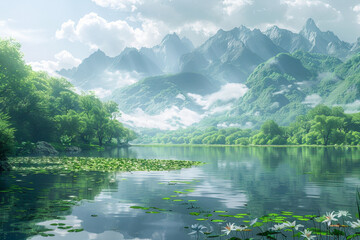 Panoramic view of idyllic mountain lake with water lilies and lush green forest