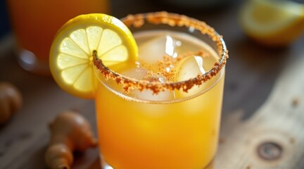 Fototapeta premium Refreshing orange juice cocktail with ice cubes and lemon slice, garnished with spicy rim, capturing a vibrant summer vibe