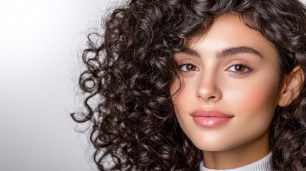 Naklejka premium This close up image showcases the intricate texture and natural shine of curly black hair, beautifully contrasting against a stark white background.