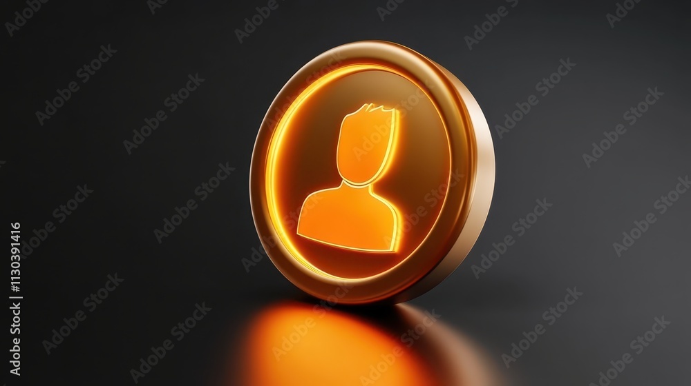 Poster golden button with person icon, user profile access, design element for web and mobile apps