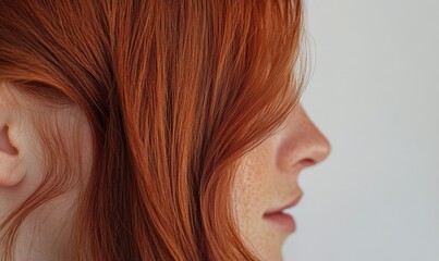 Fototapeta premium Close-Up Profile of Woman with Long, Flowing Red Hair and Soft Skin