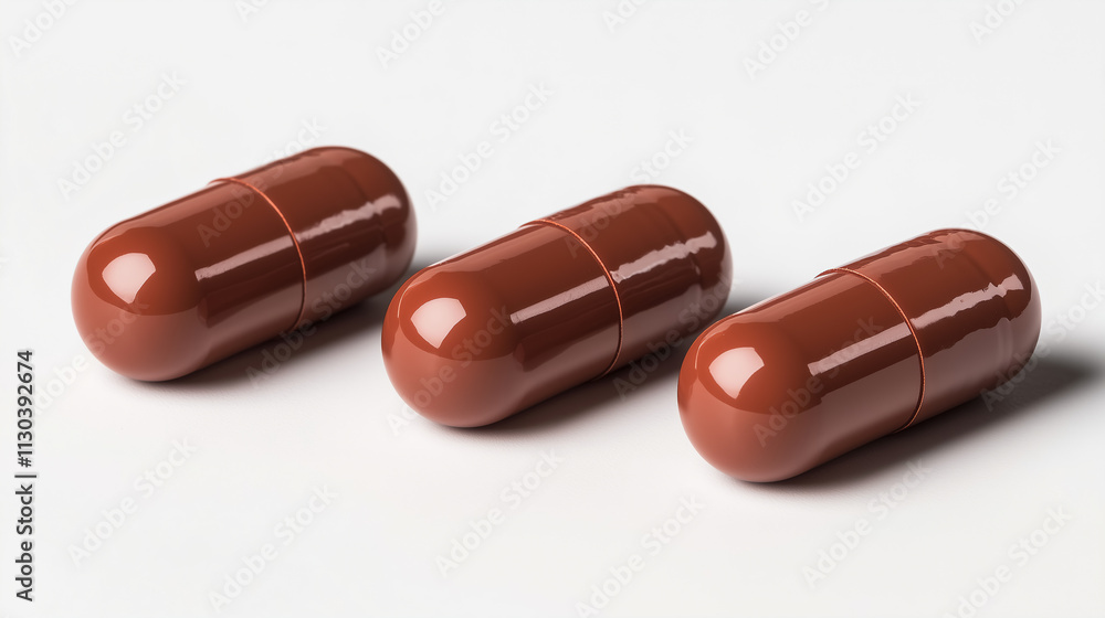 Poster brown capsules lined up on a smooth surface in a clean, bright environment with soft lighting. gener