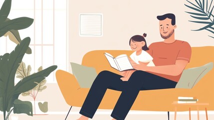 Happy father relax and read book with baby time together at home. parent sit on sofa with daughter and reading a story. learn development, childcare, laughing, education, storytelling, practice.