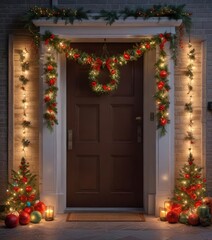 Festive garland and decorations on the front door, decoration, decorating, front door