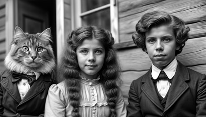 Obraz premium children pose with an unusual cat in vintage attire outside a wooden cabin
