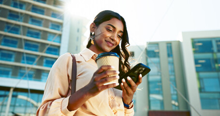 Happy, business woman and browsing with phone in city for social media, communication or reading...