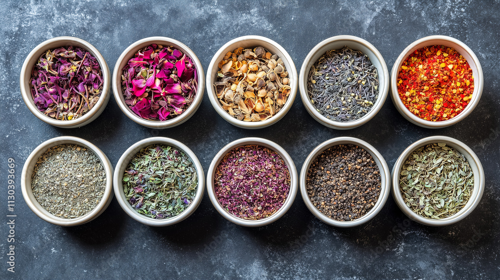 Poster colorful array of dried herbs and spices displayed in bowls on a dark surface. generative ai