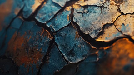 Detailed Close-Up of Textured Cracked Blue and Orange Surface