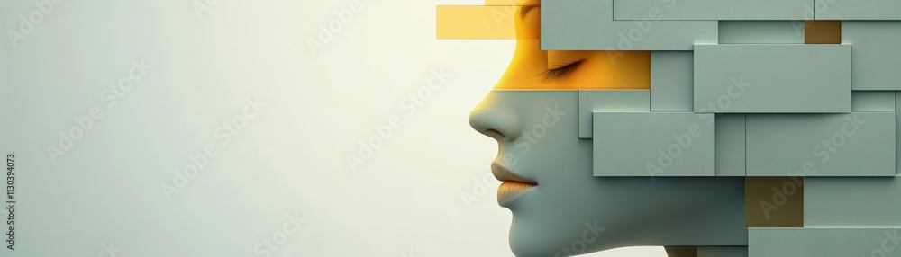Poster intriguing geometric portrait, woman's face adorned with a modern block pattern design
