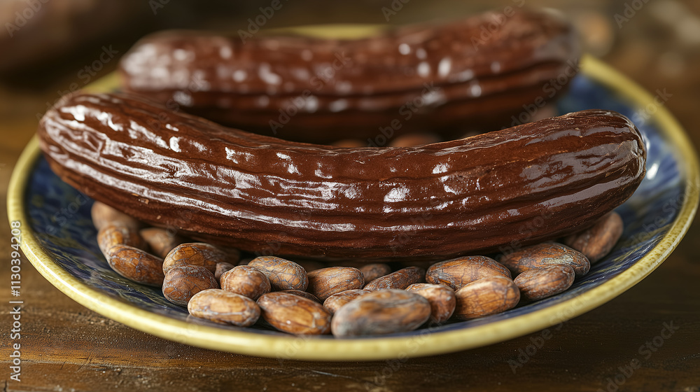 Poster richly textured chocolate bars displayed on a decorative plate surrounded by cocoa beans ready for t