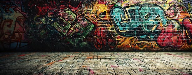 Naklejka premium Vibrant Graffiti Art Adorns Urban Wall with Colorful Expressions of Creativity and Culture