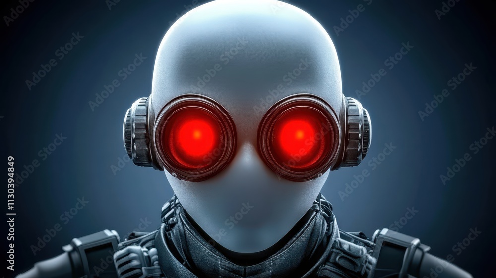 Poster futuristic robot with red eyes and helmet, glimpse into artificial intelligence